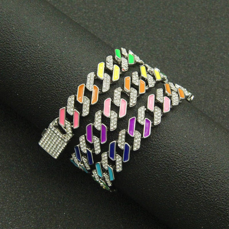 Colier Cuban pentru bărbați, personalizat, cu pietre colorate în pavé, diamante complete, finisaj cu picurare de ulei, stil hip-hop