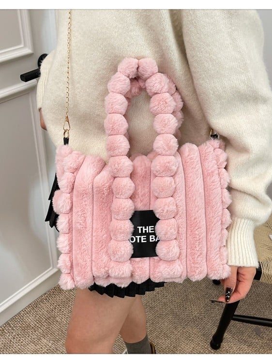 Geantă de damă din pluș, de capacitate mare, pentru umăr/crossbody, cu pompon