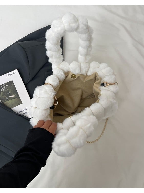 Geantă de damă din pluș, de capacitate mare, pentru umăr/crossbody, cu pompon