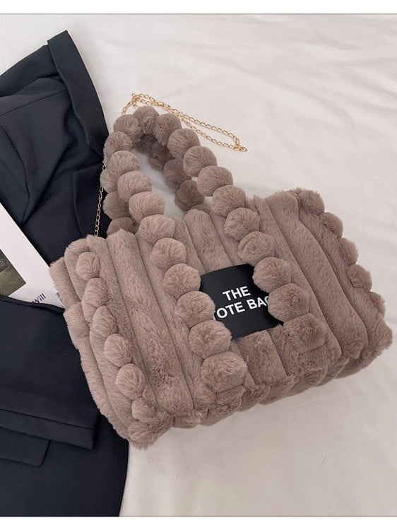 Geantă de damă din pluș, de capacitate mare, pentru umăr/crossbody, cu pompon