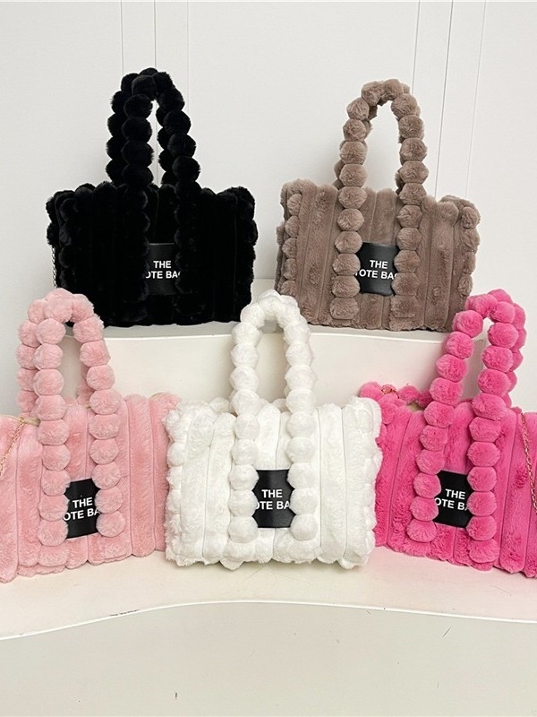 Geantă de damă din pluș, de capacitate mare, pentru umăr/crossbody, cu pompon