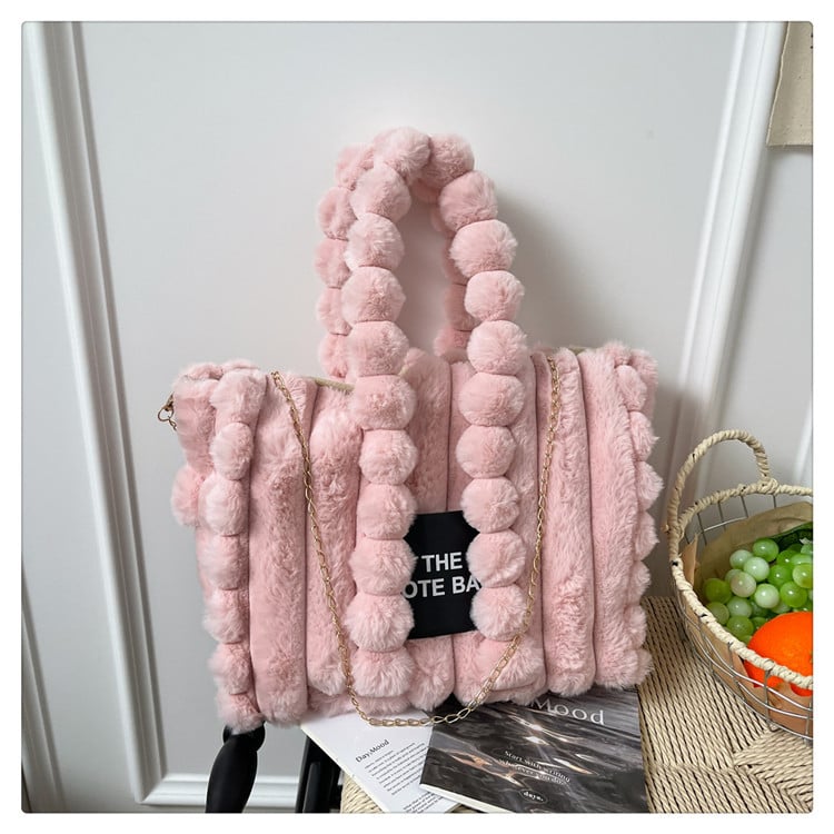 Geantă de damă din pluș, de capacitate mare, pentru umăr/crossbody, cu pompon