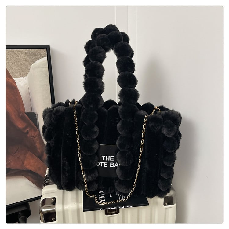 Geantă de damă din pluș, de capacitate mare, pentru umăr/crossbody, cu pompon