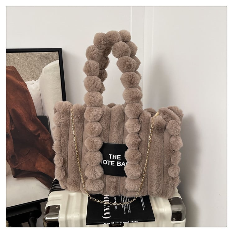 Geantă de damă din pluș, de capacitate mare, pentru umăr/crossbody, cu pompon