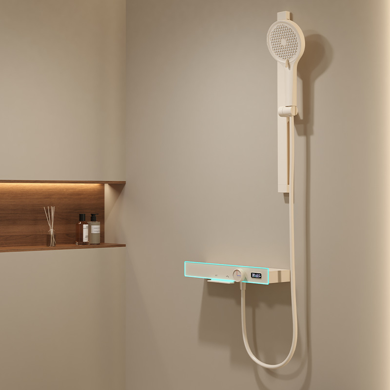 Sistem de duș cu afișaj digital și iluminare ambientală, cap de duș tip ploaie grafit, montaj pe perete, thermostatic