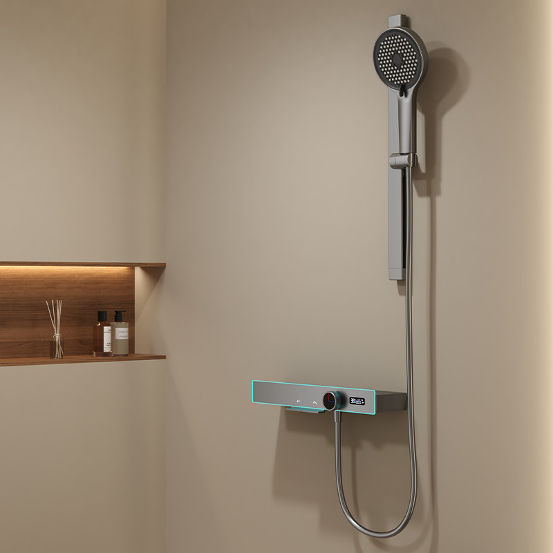 Sistem de duș cu afișaj digital și iluminare ambientală, cap de duș tip ploaie grafit, montaj pe perete, thermostatic