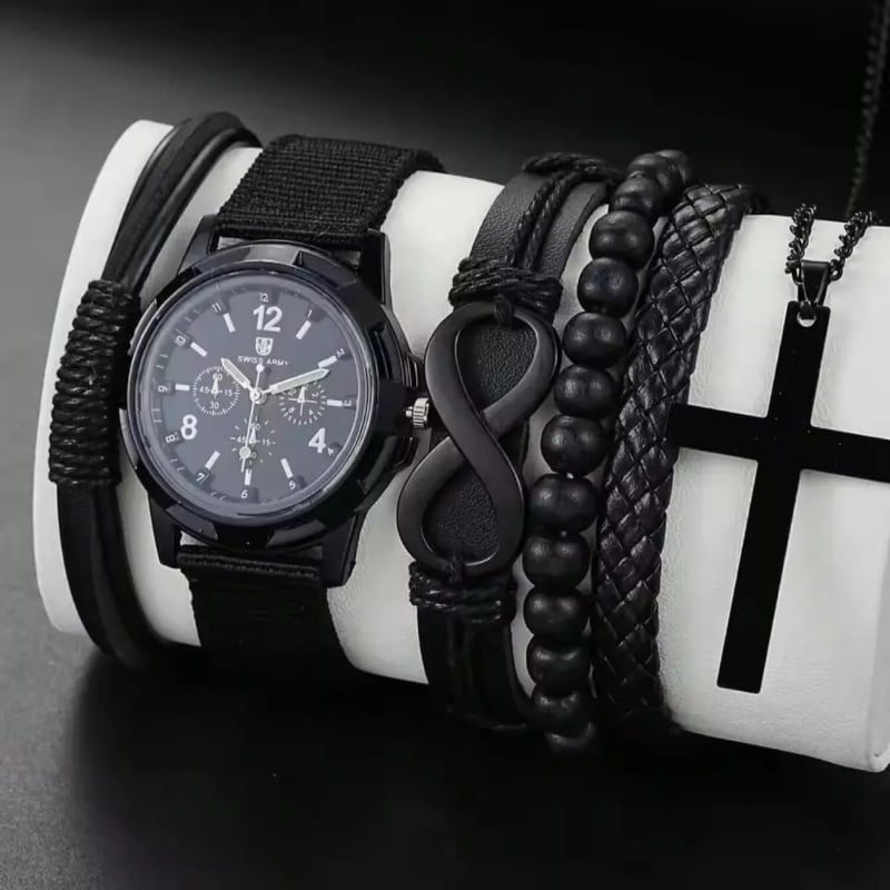 Ceas bărbătesc cu curea din pânză, cadran digital simplu, pandantiv cruce, stil casual