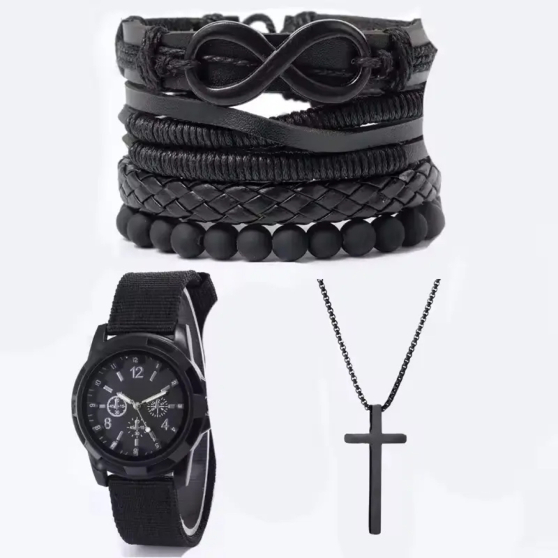 Ceas bărbătesc cu curea din pânză, cadran digital simplu, pandantiv cruce, stil casual
