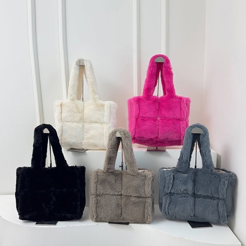 Geantă tote din pluș, în stil coreean cu patchwork, geantă feminină versatilă, capacitate mare, design simplu și pufoasă
