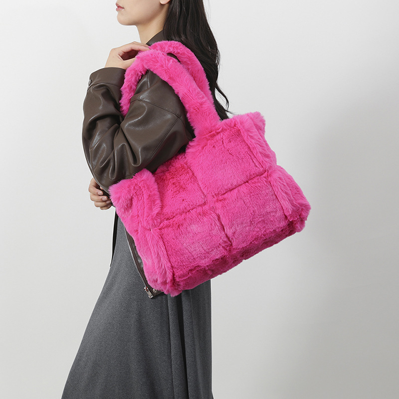 Geantă tote din pluș, în stil coreean cu patchwork, geantă feminină versatilă, capacitate mare, design simplu și pufoasă