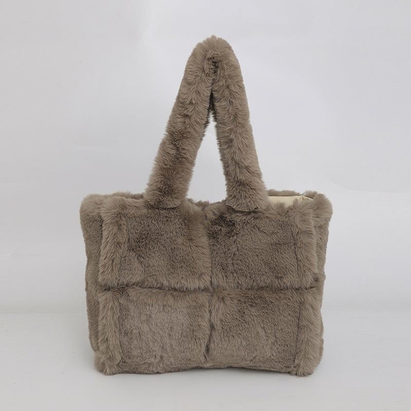 Geantă tote din pluș, în stil coreean cu patchwork, geantă feminină versatilă, capacitate mare, design simplu și pufoasă