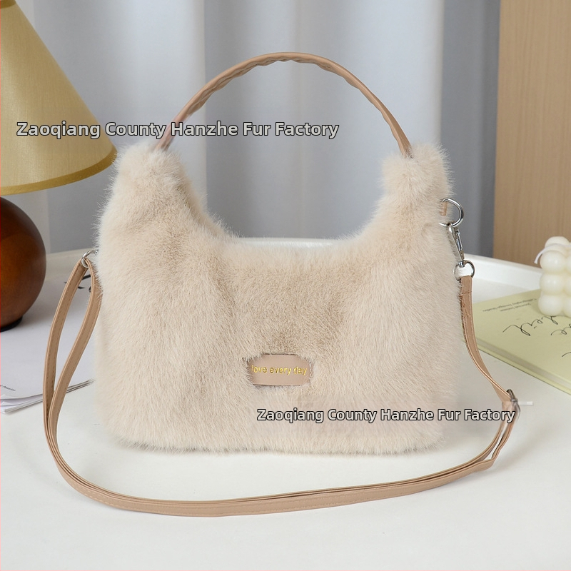 Dámska crossbody kabelka z norkovej kožušiny, veľká kapacita, módna, svieža, minimalistická, všestranná, plyšová kabelka s popruhom