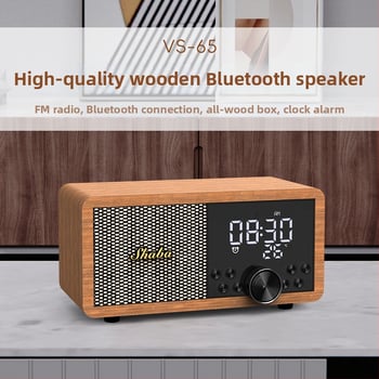 Difuzor de birou retro Bluetooth, radio FM, ceas de alarmă și redare de pe card; corp din lemn masiv, compact.