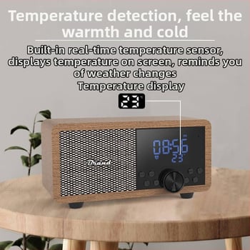 Difuzor de birou retro Bluetooth, radio FM, ceas de alarmă și redare de pe card; corp din lemn masiv, compact.