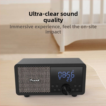 Difuzor de birou retro Bluetooth, radio FM, ceas de alarmă și redare de pe card; corp din lemn masiv, compact.