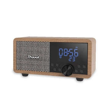Difuzor de birou retro Bluetooth, radio FM, ceas de alarmă și redare de pe card; corp din lemn masiv, compact.