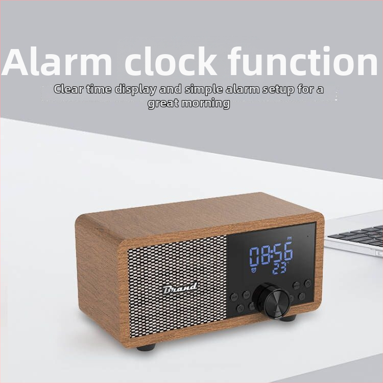 Difuzor de birou retro Bluetooth, radio FM, ceas de alarmă și redare de pe card; corp din lemn masiv, compact.