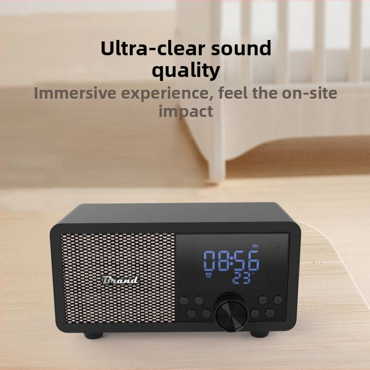 Difuzor de birou retro Bluetooth, radio FM, ceas de alarmă și redare de pe card; corp din lemn masiv, compact.