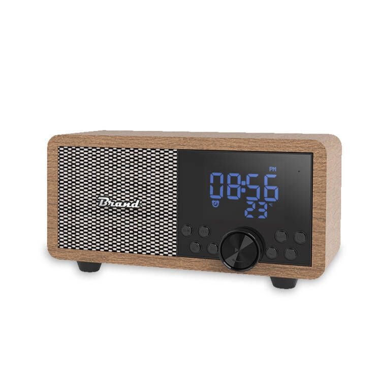 Difuzor de birou retro Bluetooth, radio FM, ceas de alarmă și redare de pe card; corp din lemn masiv, compact.