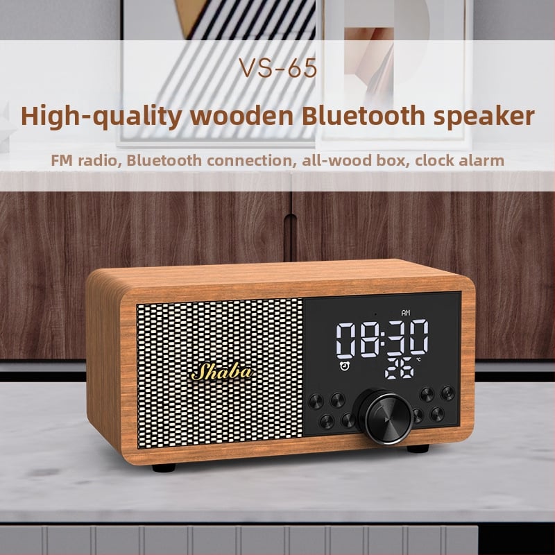 Difuzor de birou retro Bluetooth, radio FM, ceas de alarmă și redare de pe card; corp din lemn masiv, compact.