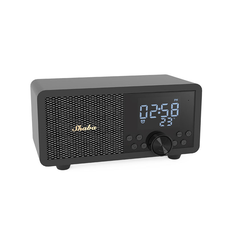 Difuzor de birou retro Bluetooth, radio FM, ceas de alarmă și redare de pe card; corp din lemn masiv, compact.