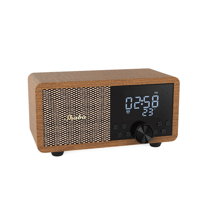 Difuzor de birou retro Bluetooth, radio FM, ceas de alarmă și redare de pe card; corp din lemn masiv, compact.