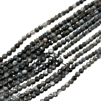 Mărgele rotunde, tăiate fațetat din obsidian natural argintiu, pentru bijuterii DIY – șir lung pentru brățări și coliere