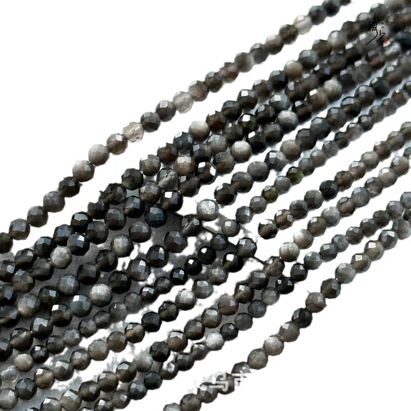 Mărgele rotunde, tăiate fațetat din obsidian natural argintiu, pentru bijuterii DIY – șir lung pentru brățări și coliere