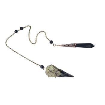 Colier vintage handmade cu pandantiv din os de pasăre și obsidian, lanț lung, unisex
