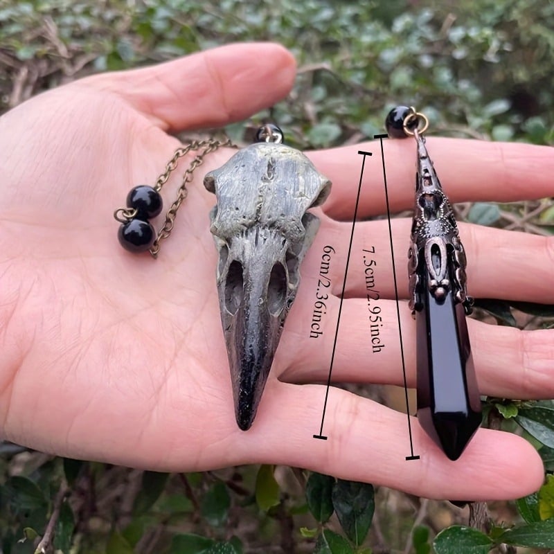 Colier vintage handmade cu pandantiv din os de pasăre și obsidian, lanț lung, unisex
