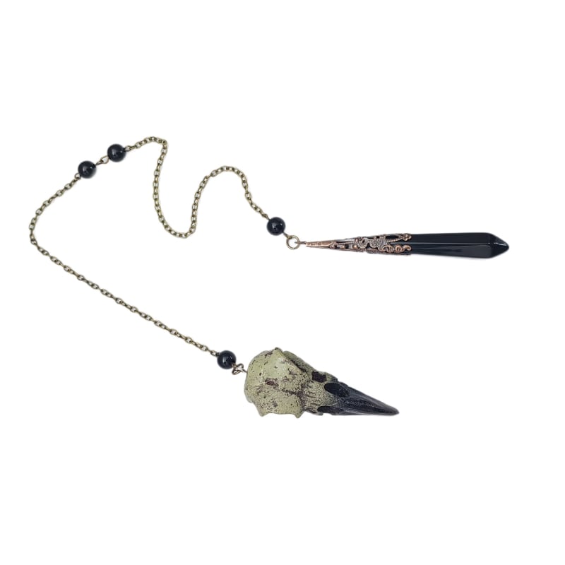 Colier vintage handmade cu pandantiv din os de pasăre și obsidian, lanț lung, unisex