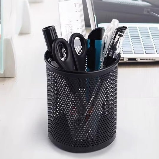 Suport pentru pixuri din metal, formă rotundă, model plasă – organizator de birou elegant
