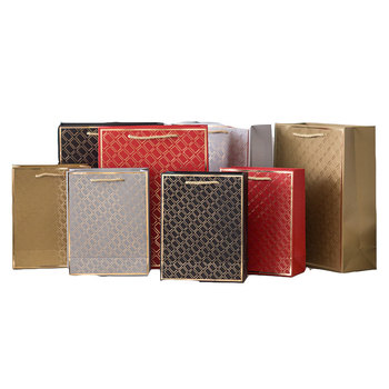 Geantă de cadouri din hârtie cu folie aurie, geantă tip tote pentru cadouri de afaceri, imprimare de logo și opțiune etichetă privată; dimensiuni 25×10×32 cm și 18×8×23 cm; culori roșu, auriu, argintiu, negru.