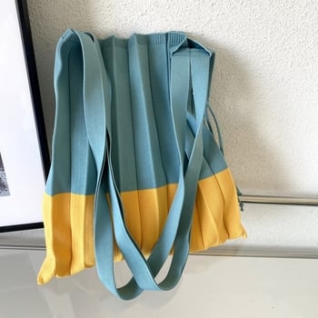 Geantă de umăr tricotată patchwork cu pliuri, pliabilă, geantă ecologică de cumpărături, culoare bloc, stil acordeon pentru femei
