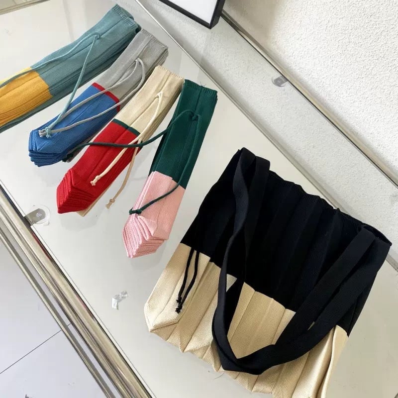 Geantă de umăr tricotată patchwork cu pliuri, pliabilă, geantă ecologică de cumpărături, culoare bloc, stil acordeon pentru femei