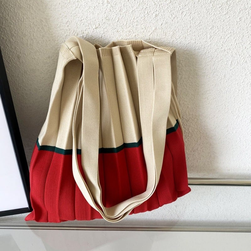 Geantă de umăr tricotată patchwork cu pliuri, pliabilă, geantă ecologică de cumpărături, culoare bloc, stil acordeon pentru femei