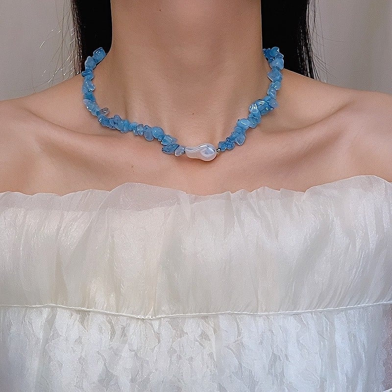 Colier lung pentru femei, piatră albastră și perle artificiale, design geometric, lanț la claviculă