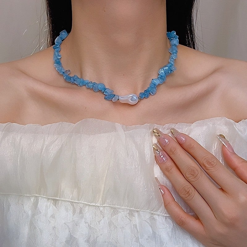 Colier lung pentru femei, piatră albastră și perle artificiale, design geometric, lanț la claviculă