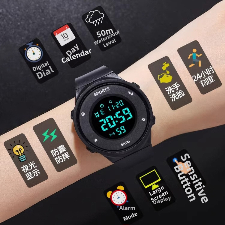 Digitálne hodinky pre študentov, chlapcov aj dievčatá, 45 mm ciferník, gumený remienok, vodotesnosť do 10 m, numerický displej, číslice svietiace v tme