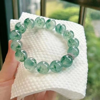Jad natural cu floare albastru-înghețat — set brățară și colier cu mărgele rotunde, unisex