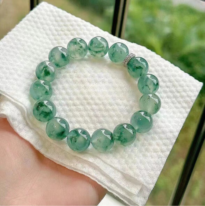 Jad natural cu floare albastru-înghețat — set brățară și colier cu mărgele rotunde, unisex