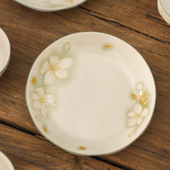 Set cadou de vase și farfurii ceramice în stil japonez, cu glazură sub glazură, model floral, formă rotundă, diametrul 11–11.9 cm, compatibil cu microunde