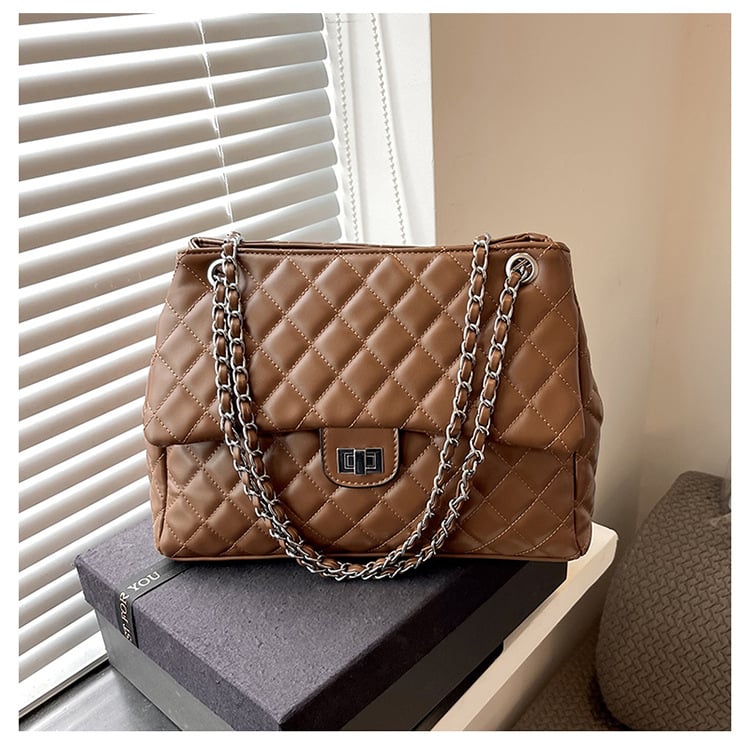 Geantă tote cu lanț pentru subraț, femei, capacitate mare, quilt diamant, curea crossbody peste umăr, broderie cu fir, iarna 2025