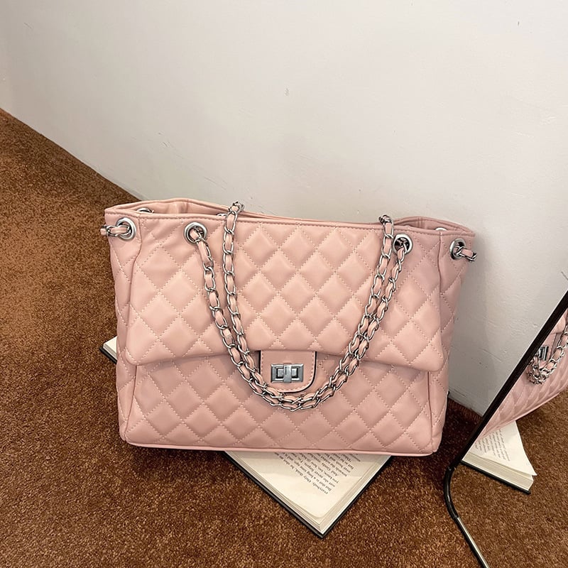 Geantă tote cu lanț pentru subraț, femei, capacitate mare, quilt diamant, curea crossbody peste umăr, broderie cu fir, iarna 2025