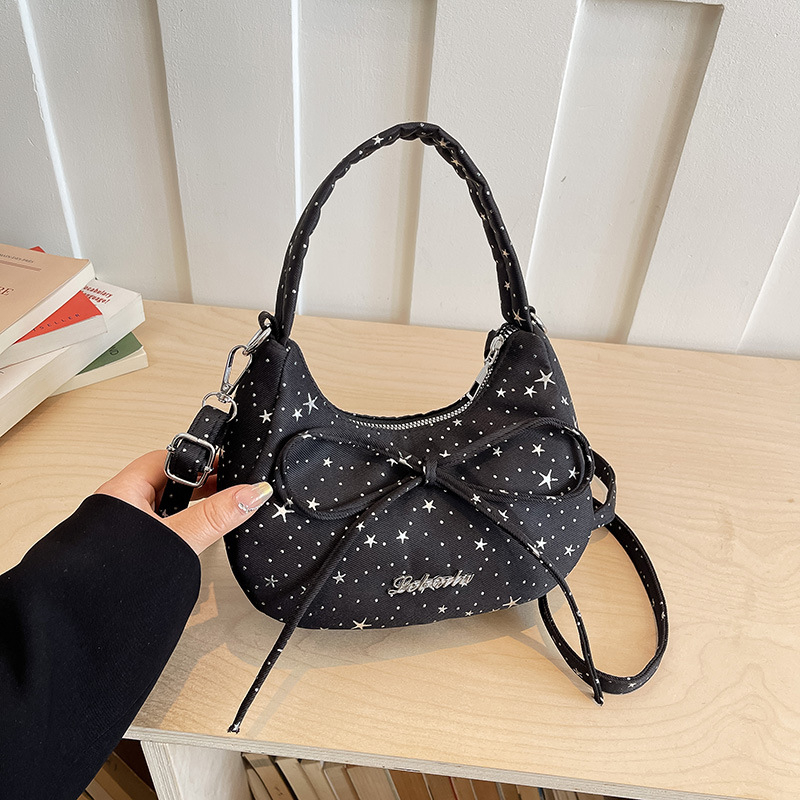 Geantă de umăr în formă de semilună, cu fundă și stele, mică, crossbody