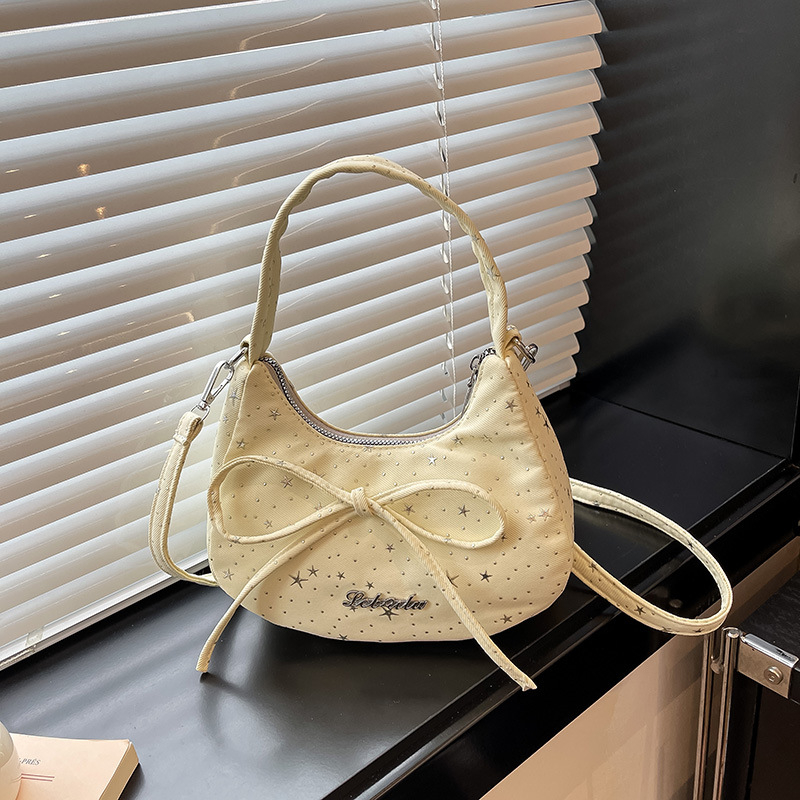 Geantă de umăr în formă de semilună, cu fundă și stele, mică, crossbody