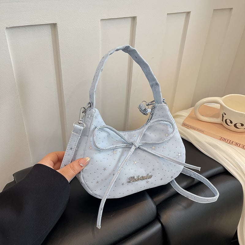 Geantă de umăr în formă de semilună, cu fundă și stele, mică, crossbody