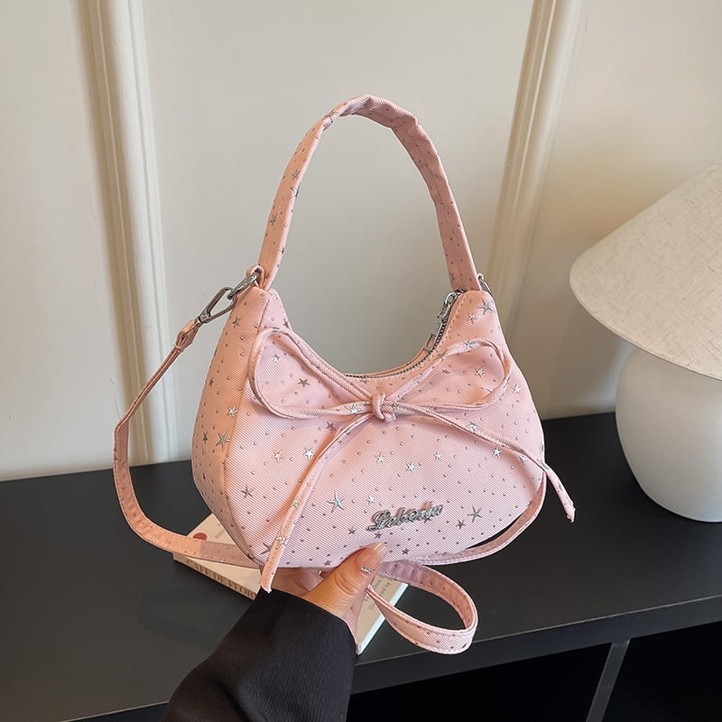 Geantă de umăr în formă de semilună, cu fundă și stele, mică, crossbody