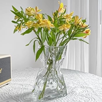 Vază din sticlă transparentă, asimetrică, în stil minimalist, pentru decorul sufrageriei și aranjamente florale