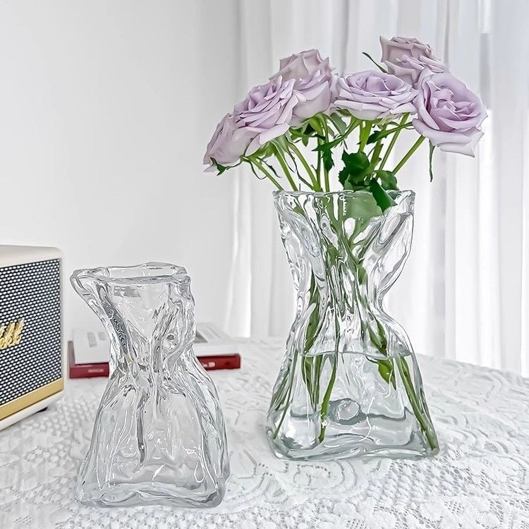 Vază din sticlă transparentă, asimetrică, în stil minimalist, pentru decorul sufrageriei și aranjamente florale